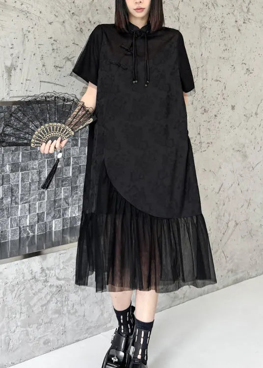 Chinese Style Black Tasseled Print Tulle Patchwork Silk Dresses Summer