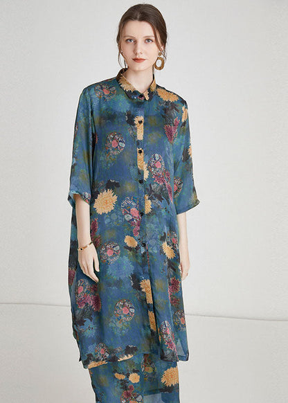 Blue Print Side Open Chiffon Two Pieces Set Summer