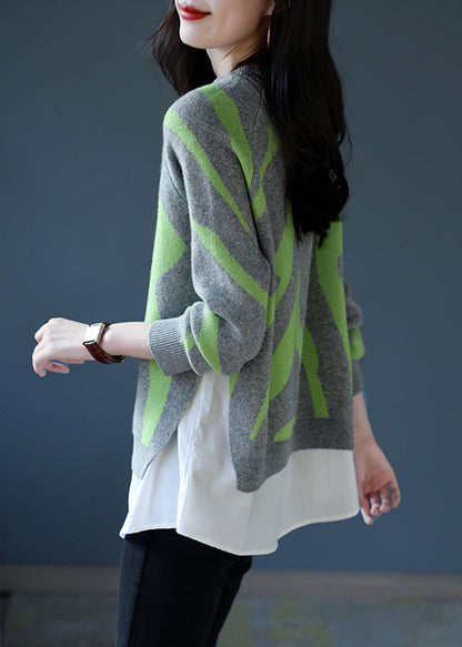 Grey O-neck Thick Striped Patchwork Fake Two Pieces Knit Sweaters Fall