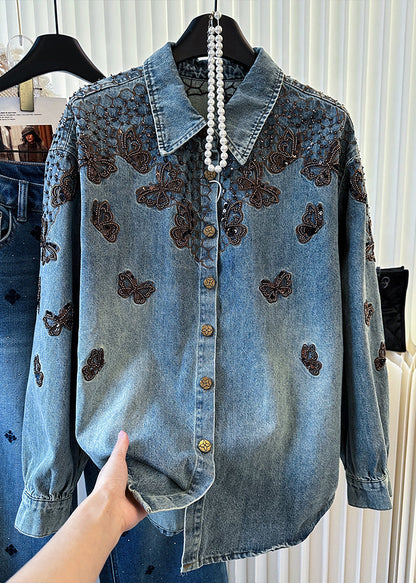 Blue Embroidered Butterfly Denim Coats Spring