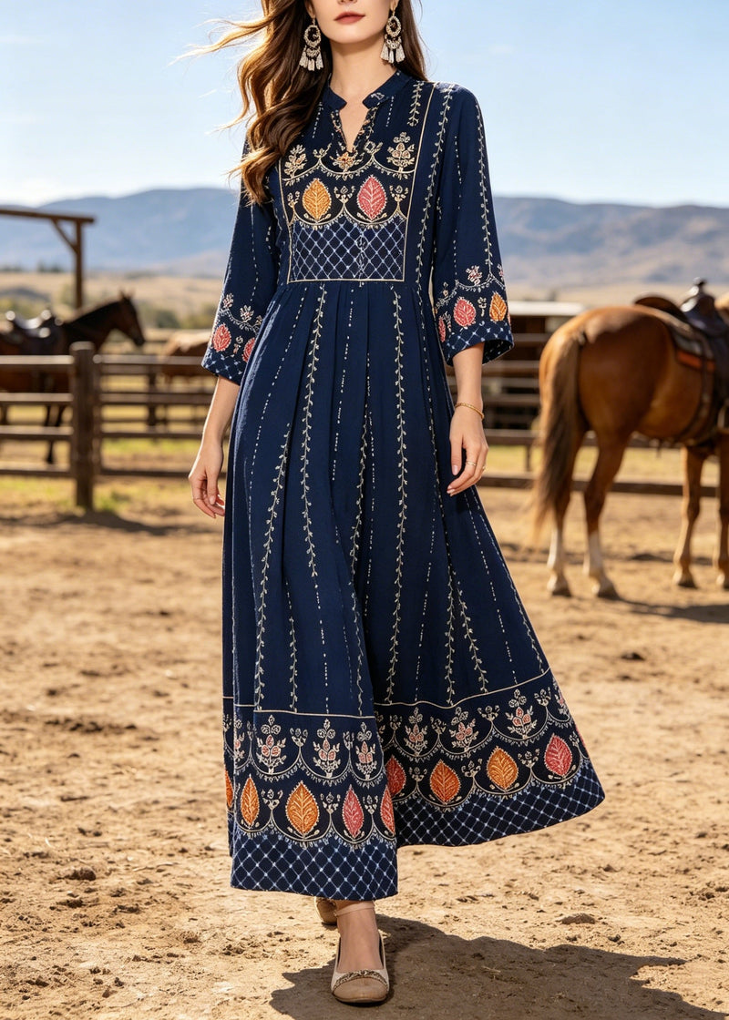 Navy V Neck Print Cotton Maxi Dresses Bracelet Sleeve