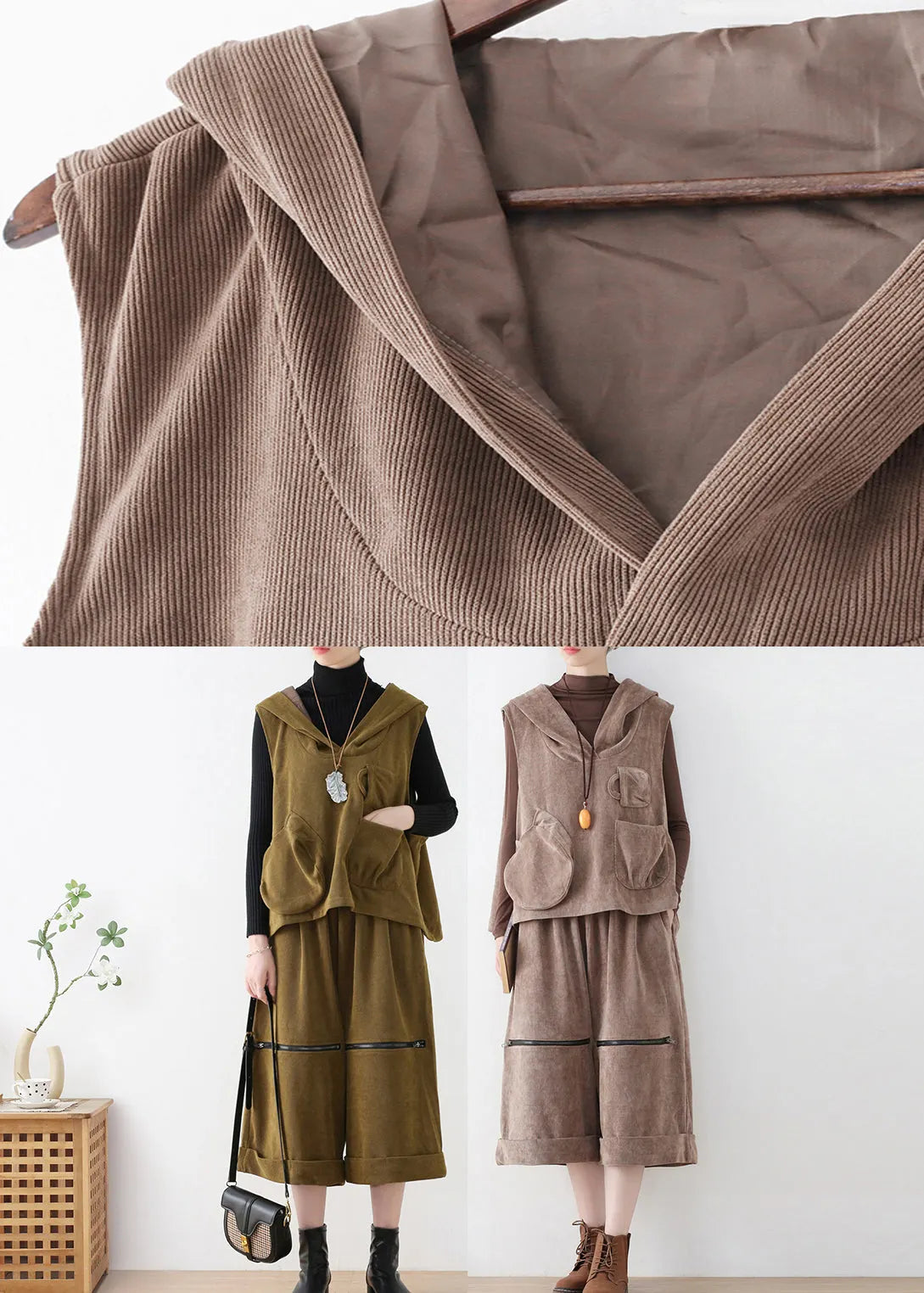 Khaki Velour Hooded Waistcoat and Crop Pants Two Pieces Set Fall