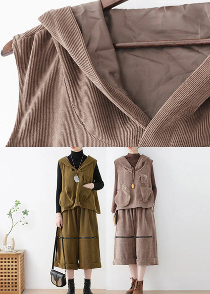 Mustard Green Velour Hooded Waistcoat and Crop Pants Two Pieces Set Fall