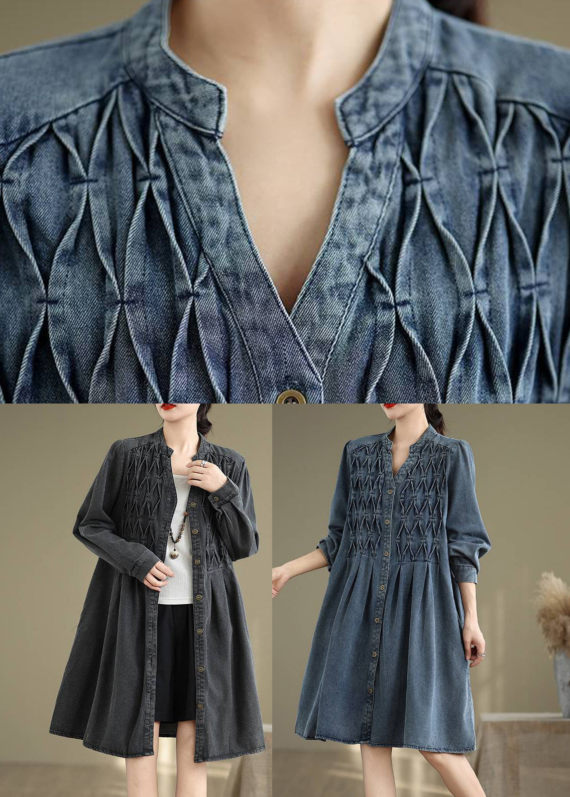 Blue Stand Collar Button Long Dress Lantern Sleeve