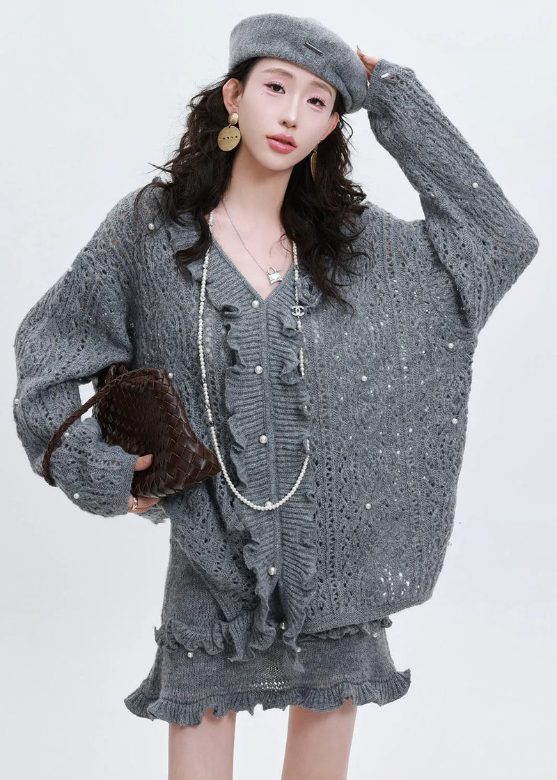 Style Blue Ruffled Nail Bead Hollow Out Knit Two Pieces Set Spring