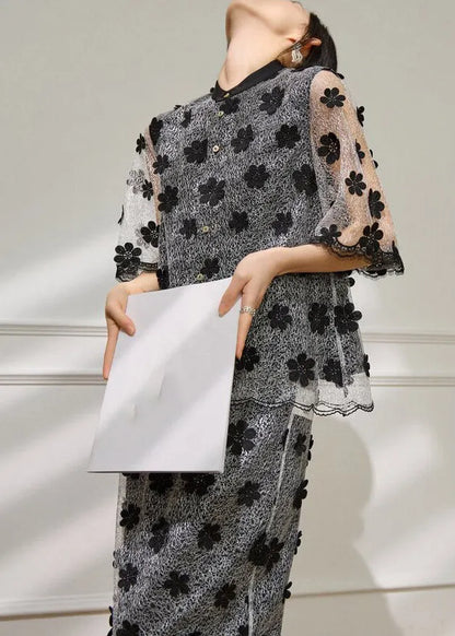 Vogue Black Embroidered Tulle Top and Maxi Skirts Two Pieces Set Short Sleeve
