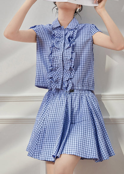 Blue Plaid Peter Pan Collar Shirt and Skirts Two Piece Set Summer