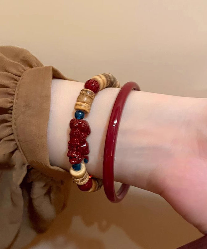 Handmade Red Cinnabar Bracelet and Coconut Shell a Mythical Wild Animal Two Piece Set Bangle