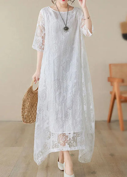 Handmade White O Neck Hollow Out Lace Dress Summer