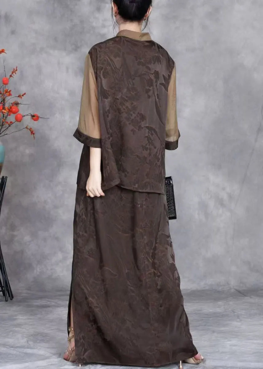 French Coffee Chinese Button Tops and Skirts Silk Two Pieces Set Summer