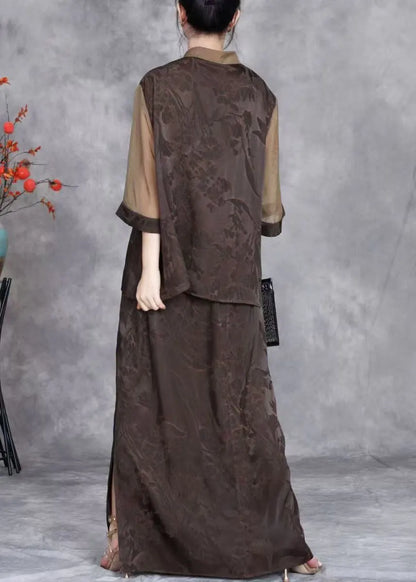 French Coffee Chinese Button Tops and Skirts Silk Two Pieces Set Summer