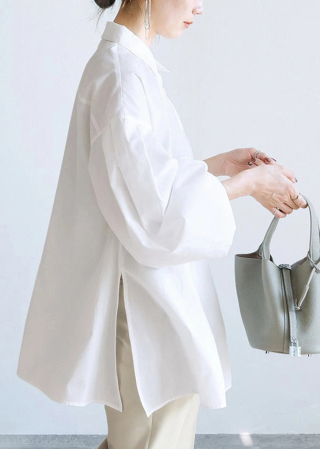 White Oversized Side Open Cotton Blouse Top Lantern Sleeve