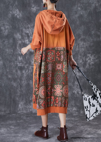 Orange Oversized Patchwork Cotton Pullover Sweatshirt Dress Fall