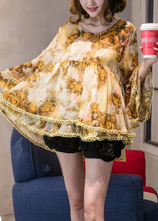 Classy Yellow Print Chiffon Tops Flare Sleeve