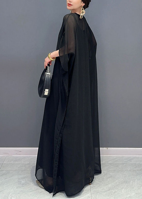 Black V Neck Embroideried Patchwork Tulle Maxi Dresses Long Sleeve
