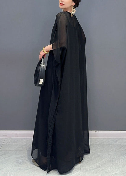 Black V Neck Embroideried Patchwork Tulle Maxi Dresses Long Sleeve