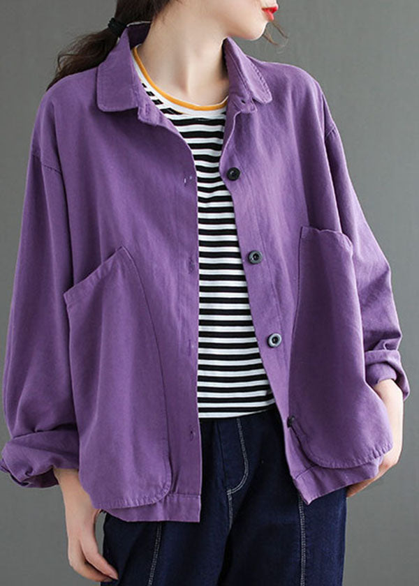 Purple Pockets Patchwork Coats Long Sleeve
