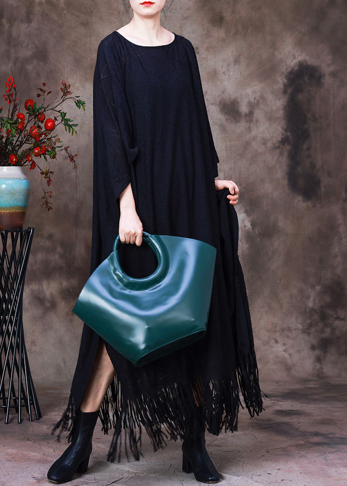 Style Black O-neck Tassel Maxi Dress Long Sleeve