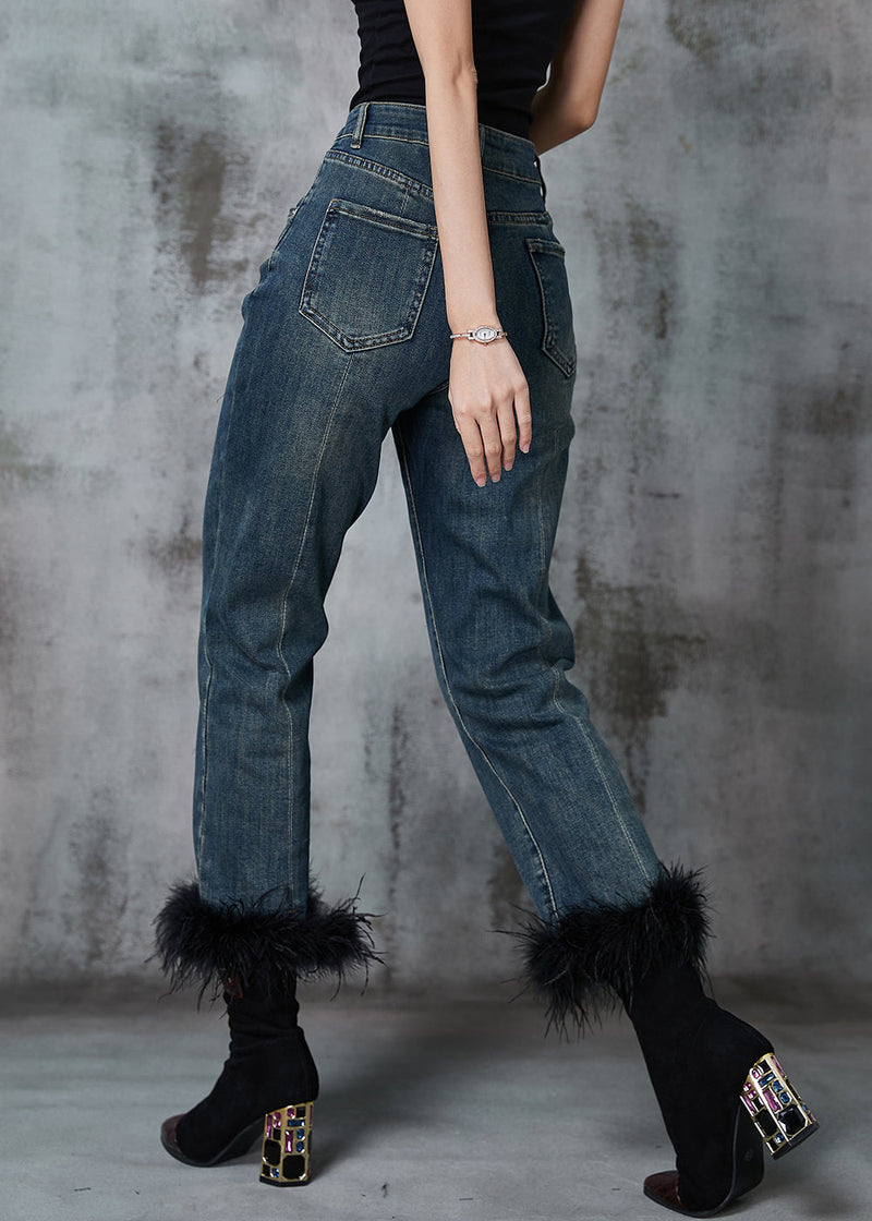 Navy Patchwork Feather Denim Pants Trousers Spring