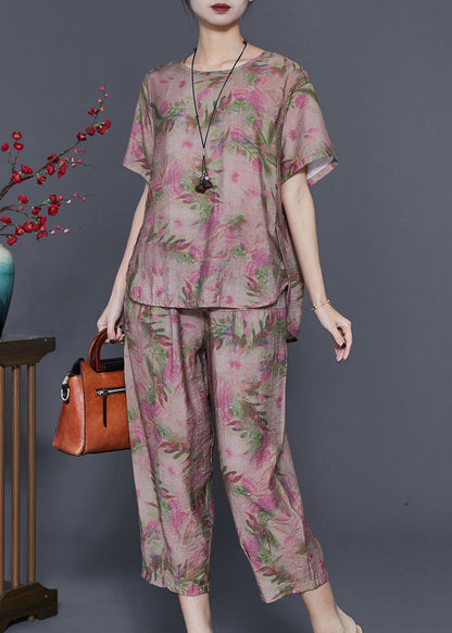 Boutique Purple Oversized Print Linen Two Pieces Set Summer