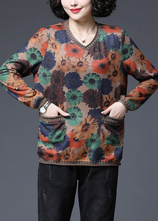Baggy V Neck Print Pockets Knit Tops Long Sleeve