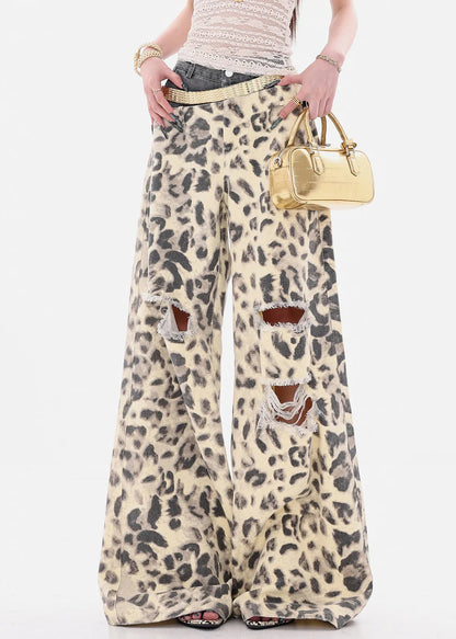 Unique Leopard Hole Patchwork Denim Wide Leg Pants Summer