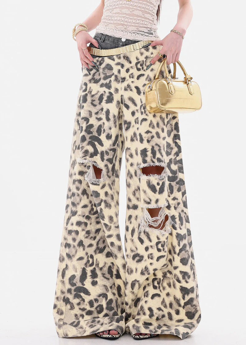 Unique Leopard Hole Patchwork Denim Wide Leg Pants Summer