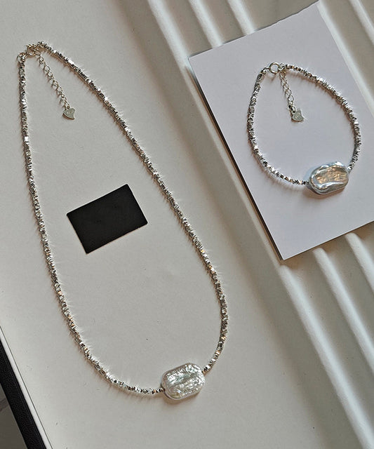 Silver Asymmetric Pearl Adjustable Two Piece Set Pendant Necklace