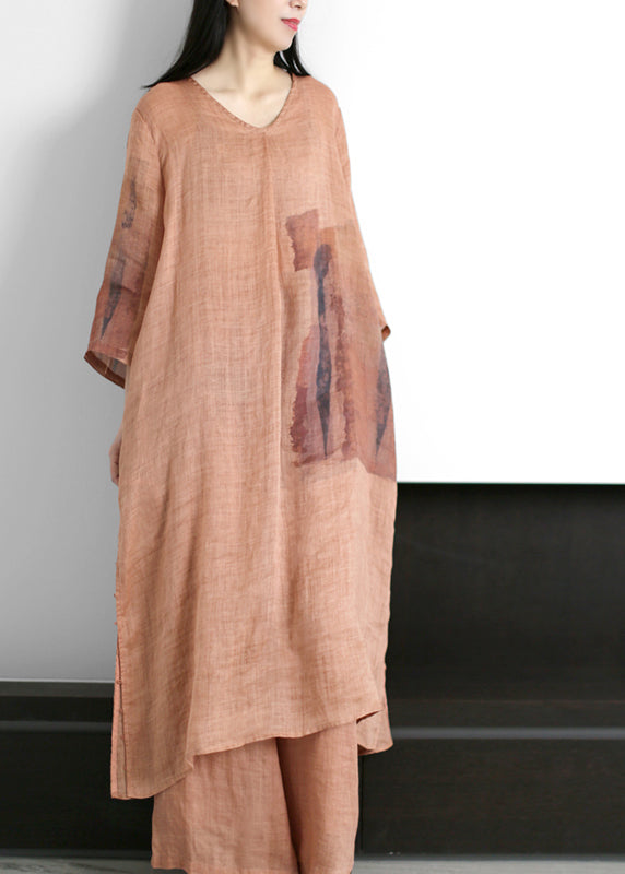 Stylish Red V Neck Side Open Tie Waist Print Linen Two Piece Set Clothing Summer