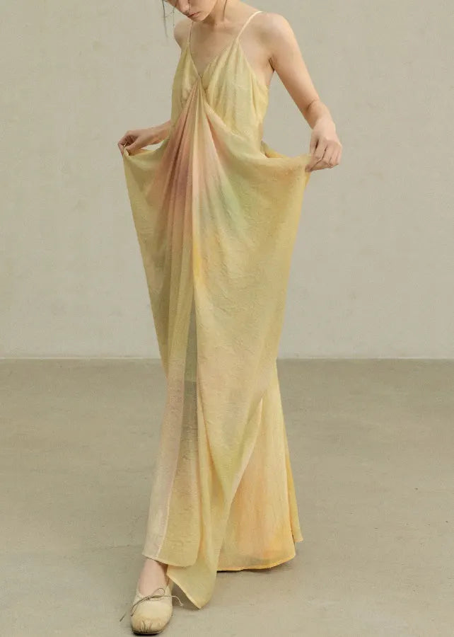 Novelty Yellow Tie Dye Wrinkled Cotton Spaghetti Strap Dress Sleeveless