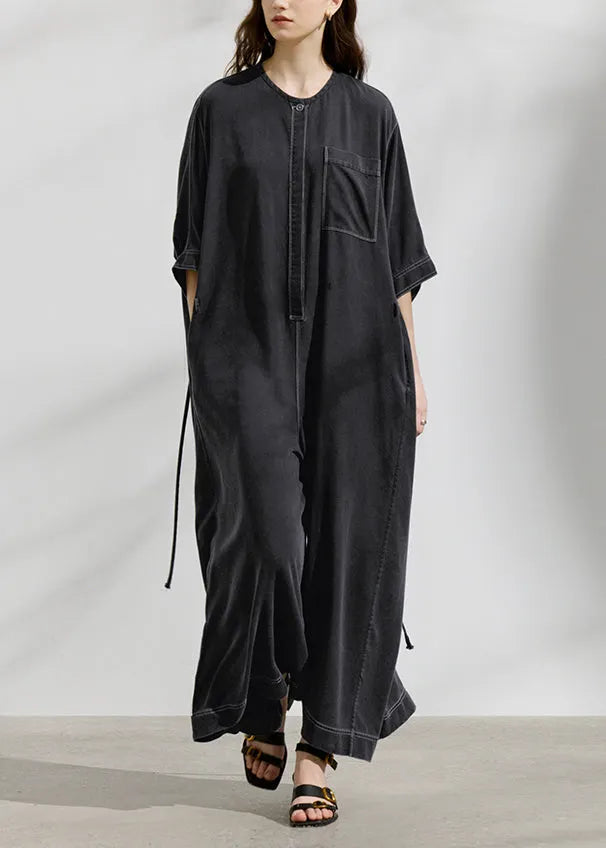 Loose Dark Grey O Neck Pockets Patchwork Cotton Jumpsuit Summer