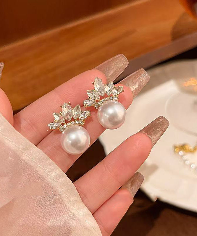 Gold Copper Alloy Zircon Leaf Pearl Stud Earrings