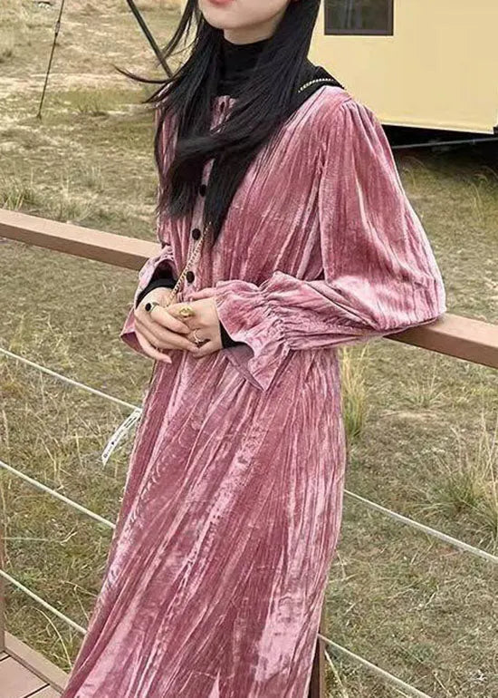 Pink Button Patchwork Velour Long Dresses Spring