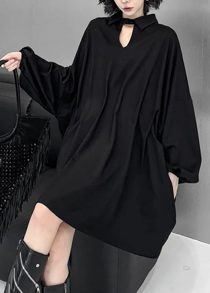 Black Hollow Out Mid Dress Lantern Sleeve