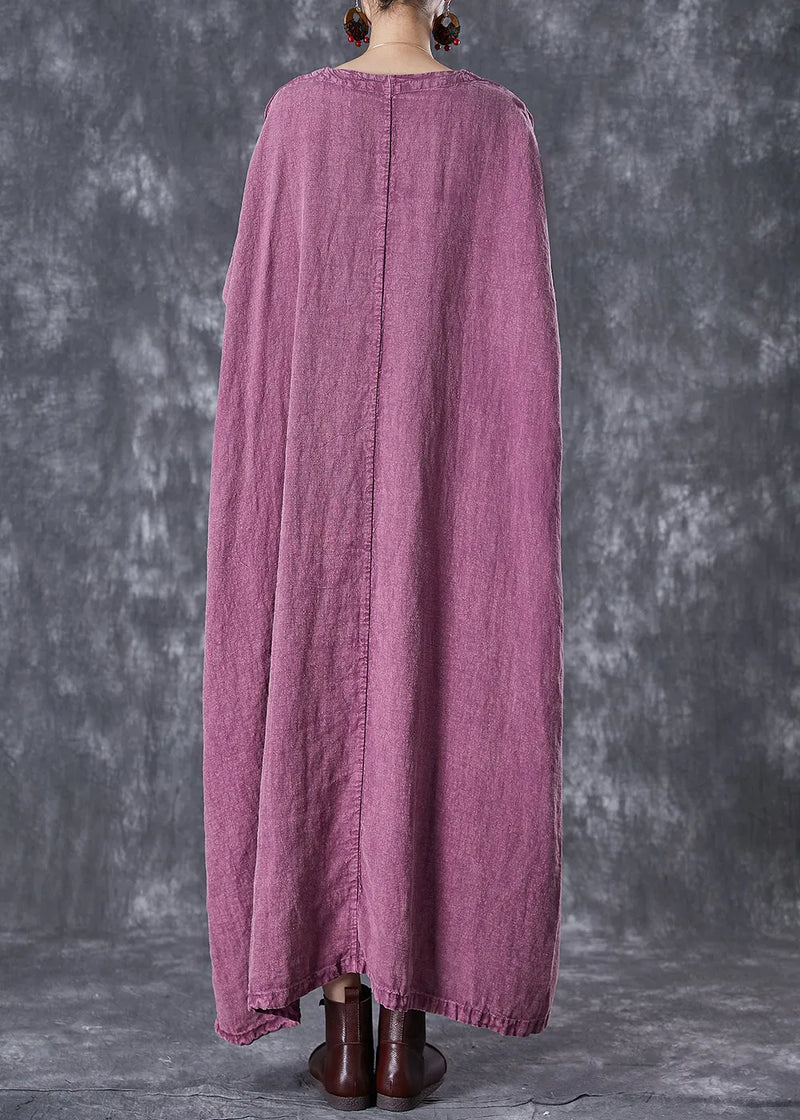 Organic Purple Embroideried Linen Maxi Dresses Fall