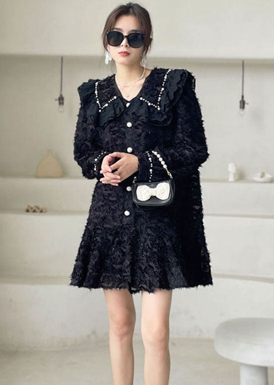 Black Peter Pan Collar Ruffled Mini Dresses Spring