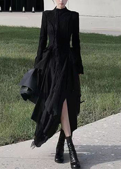 Black Wrinkled Button Patchwork Lace Two Pieces Set Long Sleeve