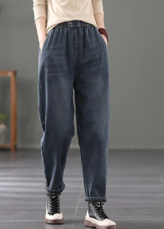 Navy Warm Fleece Denim Harem Pants Elastic Waist Spring