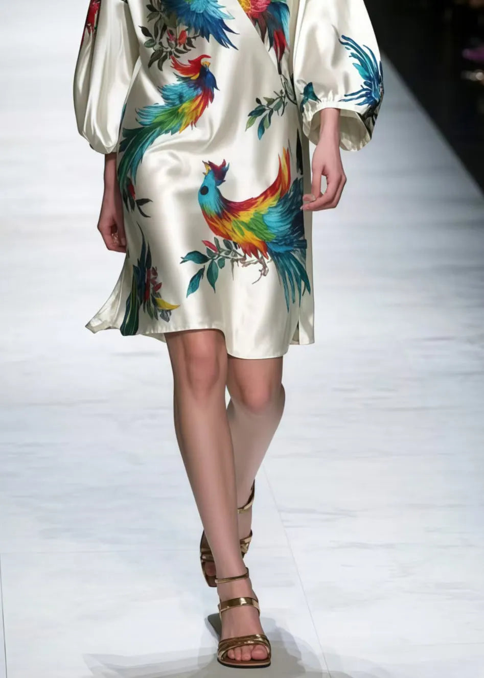 V Neck Phoenix Print Silk Work Dress Bracelet Sleeve
