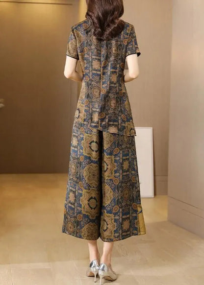 Khaki Asymmetrical Design Print Silk Two Pieces Set Summer