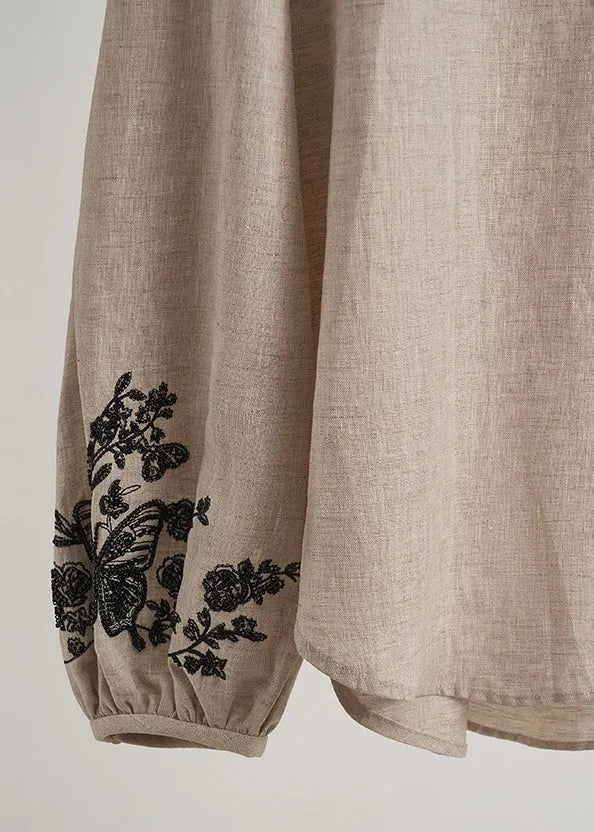 Beige Embroidered Linen Sets 2 Pieces Fall
