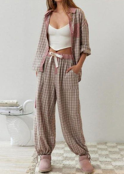 Coffee Plaid Patchwork Cotton Pajamas Two Piece Suit Set Spring
