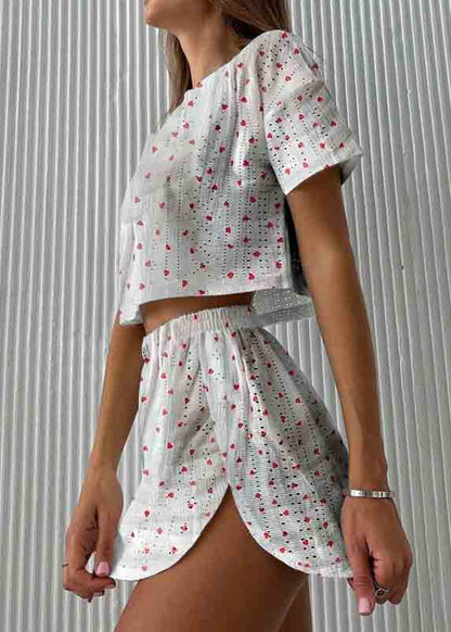 Art Hollow Out Print Cotton Pajamas Two Piece Set Summer