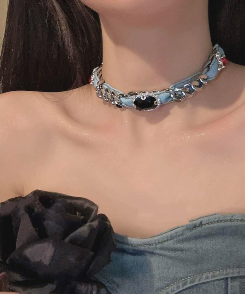 Denim Blue Metal Denim Crystal Chain Collar Necklace