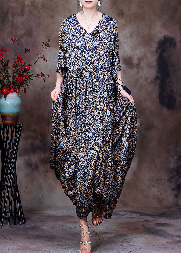 Blue Print V Neck Drawstring Silk Long Dresses for Half Sleeve