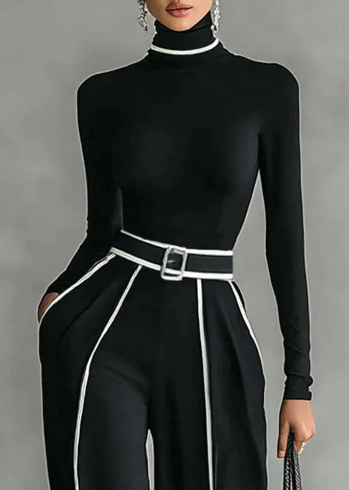 Italian Black Hign Neck Top and Pants Cotton Sets 2 Pieces Spring