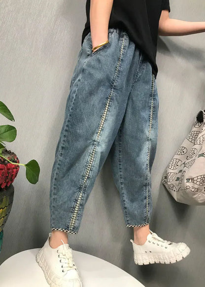 Blue Plaid Patchwork Denim Pants Spring