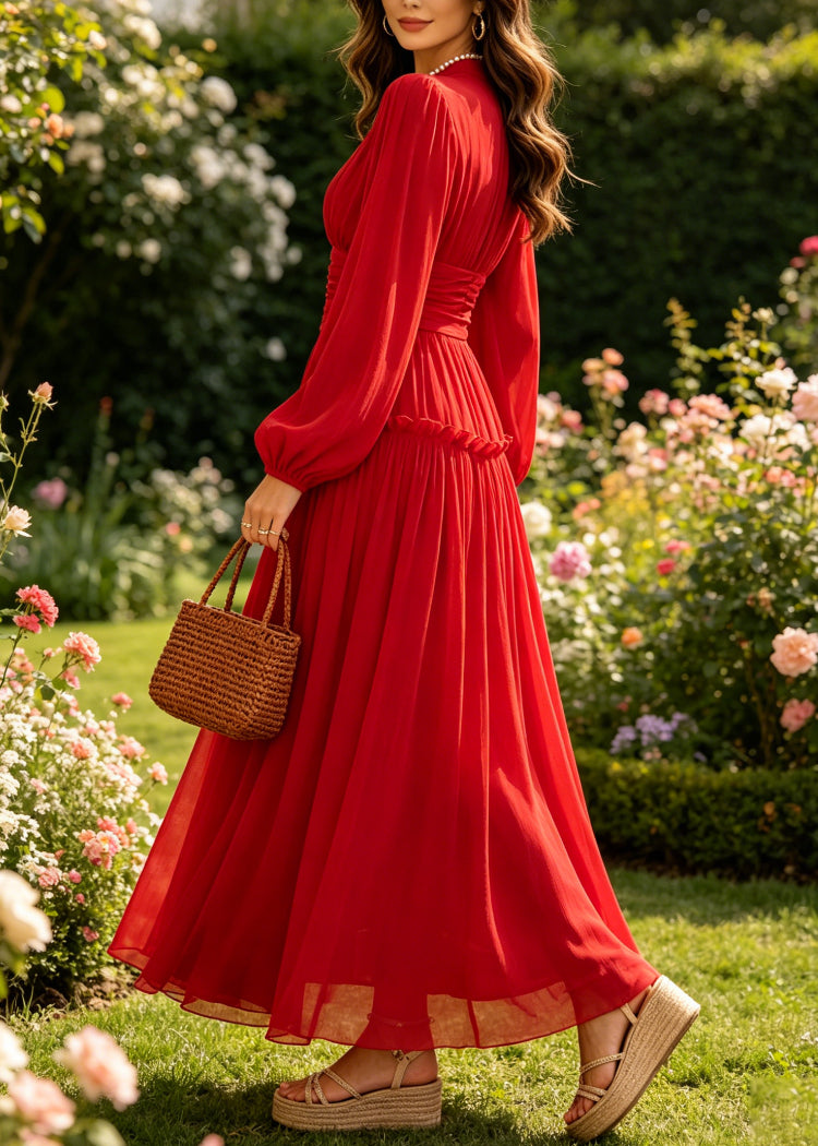 Art Red Wrinkled Patchwork Silk Cotton Dress Long Sleeve