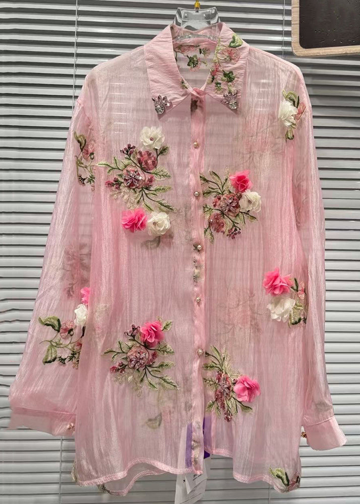 Pink Zircon Patchwork Cotton Shirts Fall
