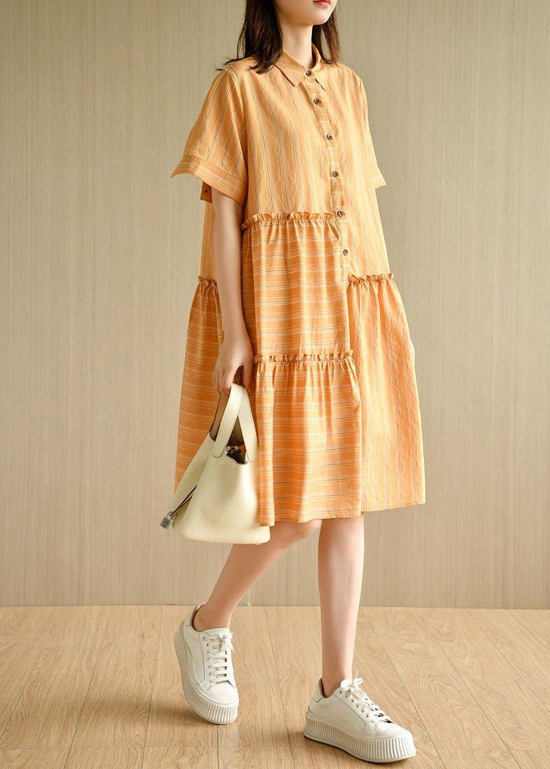 Style Orange Striped Button Asymmetrical Design Ruffled Summer Vacation Dress
